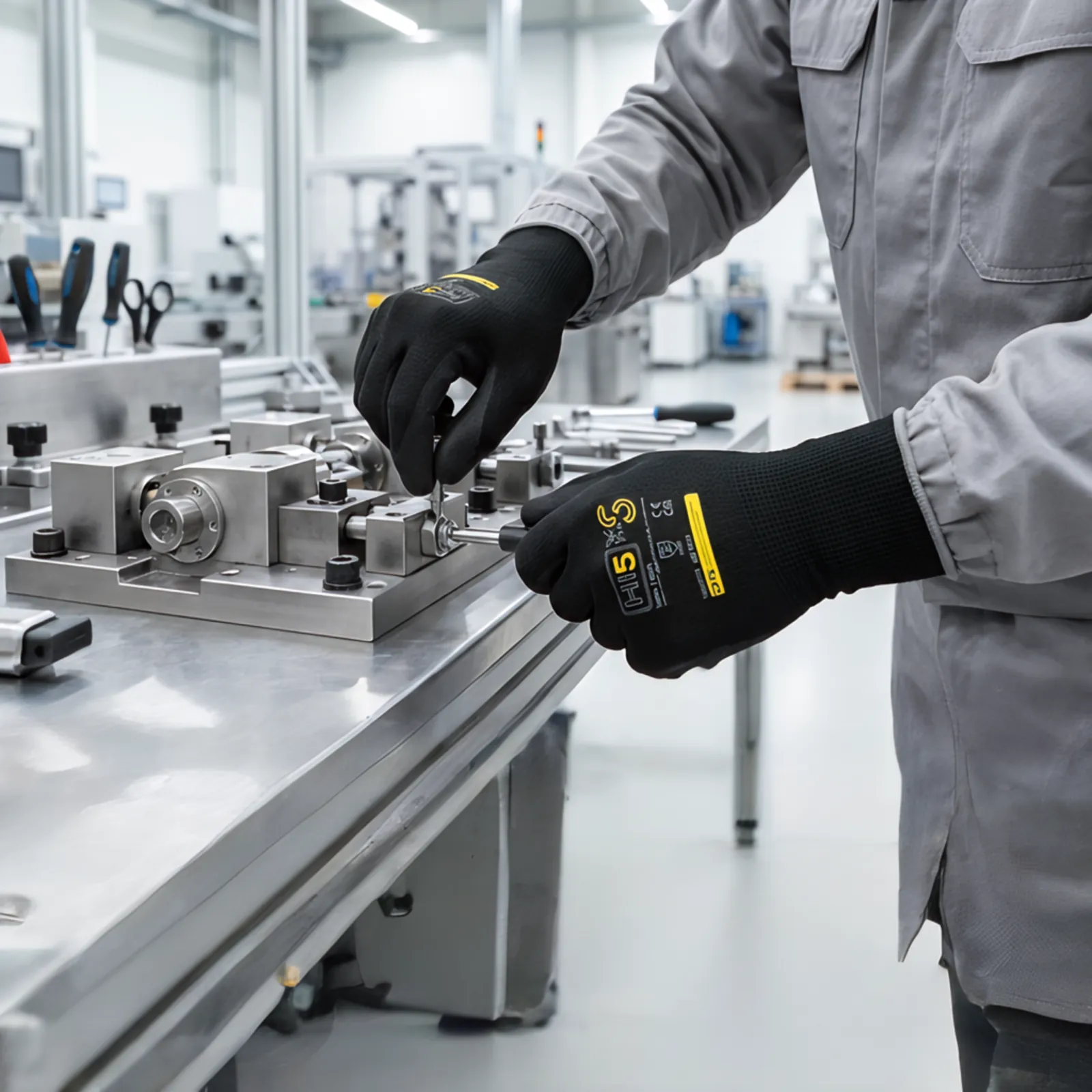 Hi5 HI522, Polyester glove with sandy nitrile palm, in use